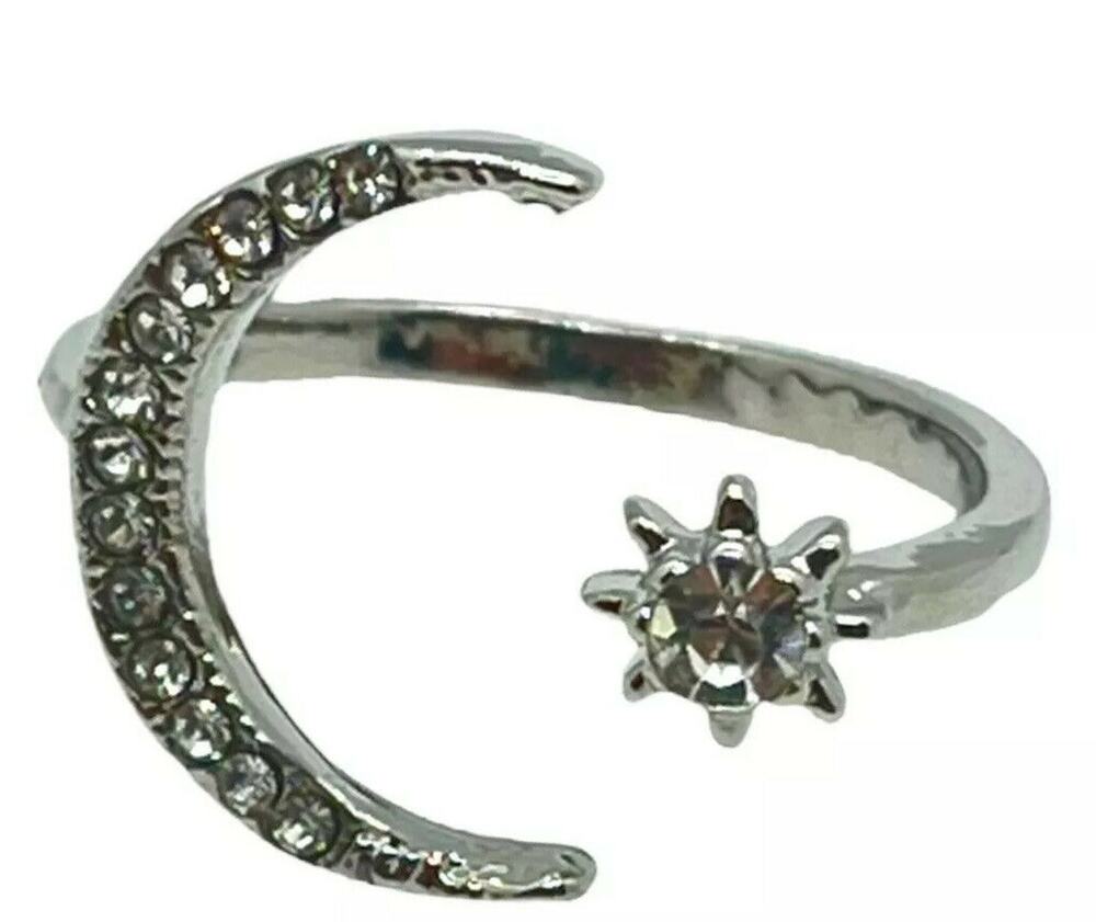 Wrap Ring Crescent Moon Star Celestial Womens Silver Tone Crystal Adjustable